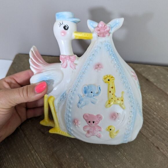 Rubens originals planter, Baby delivery stork ceramic planter, kitsch vintage MC - Picture 2 of 10